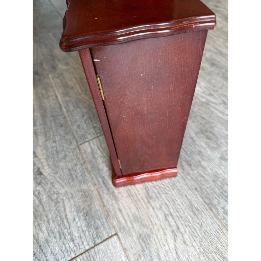 Jewelry Armoire Box Cherry Brown Etched Glass Wood Vintage 80s drawers necklace